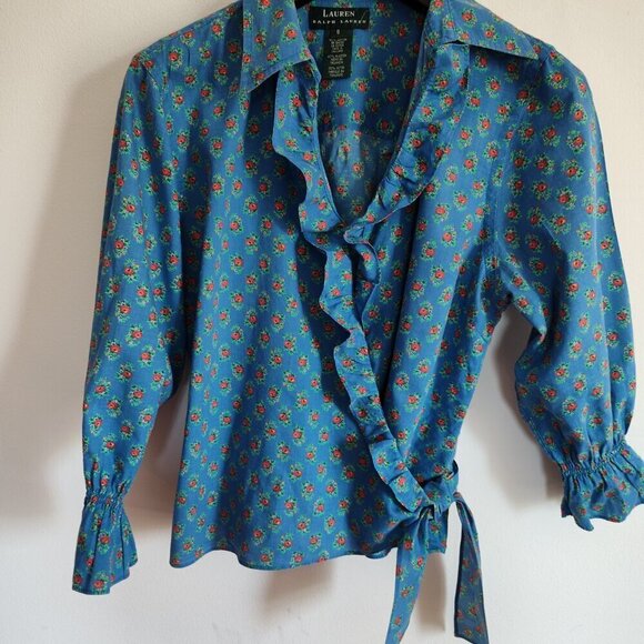 Ladies SZ S Lauren Ralph Lauren Blue Floral Cotton Blouse - Picture 2 of 4
